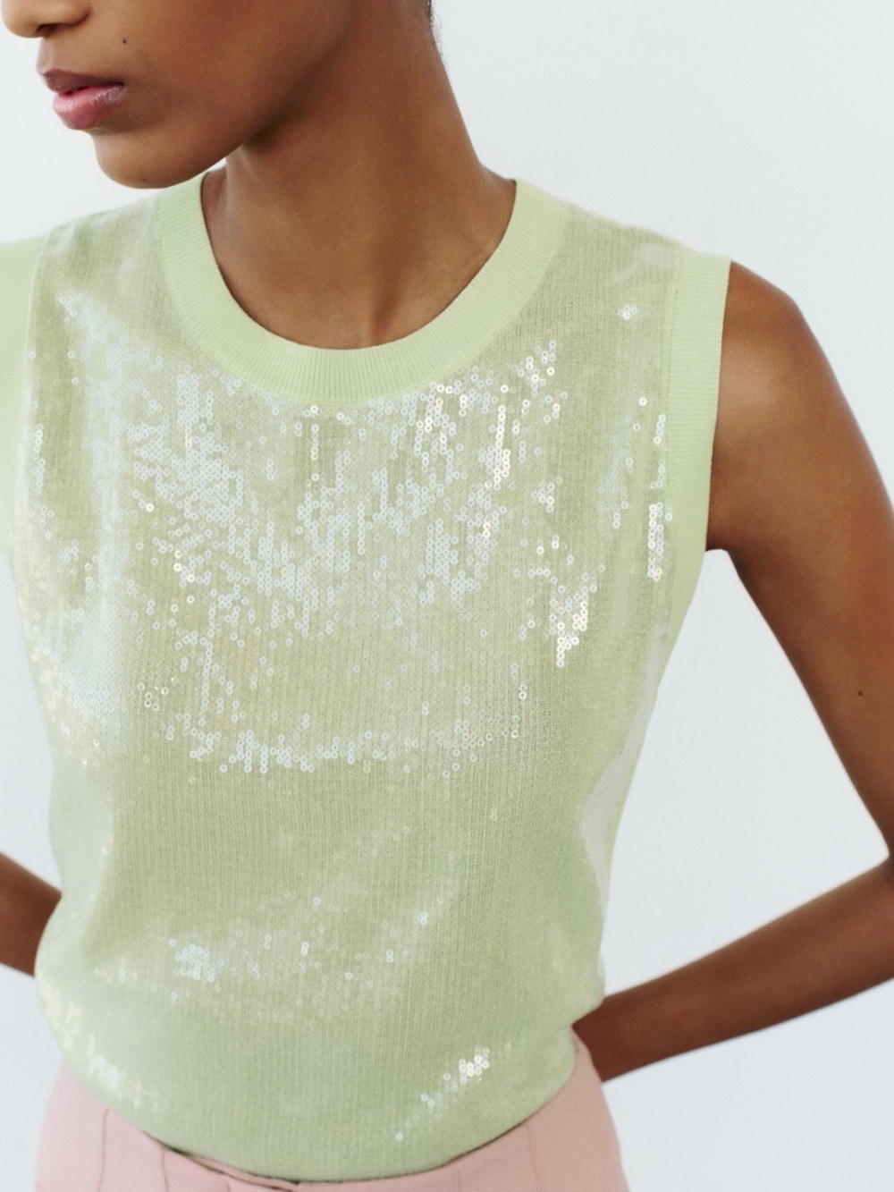 Zara Light Green Sleeveless Sequin Knit Tank